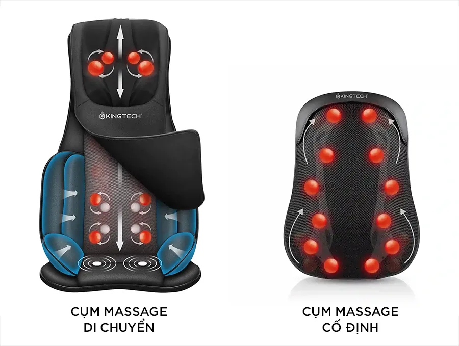 Đệm massage lưng cổ KINGTECH KC-700 sử dụng cụm massage di chuyển vs Đệm massage lưng KINGTECH KC-300 sử dụng cụm massage lưng cố định
