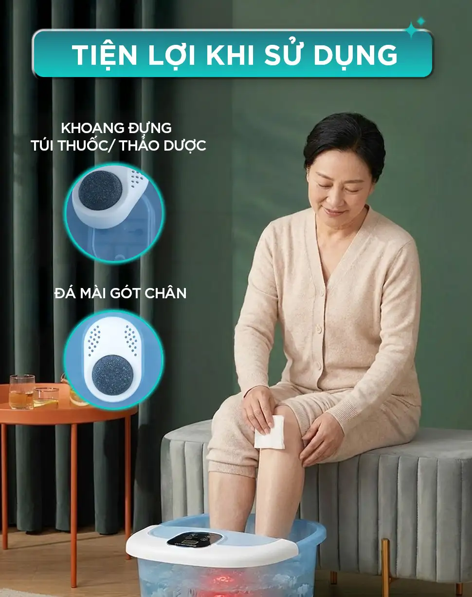 bồn ngâm chân KINGTECH BM-400 tiện lợi hơn với các tính năng phụ như hộc chưa thảo mộc và đá mài gót chân
