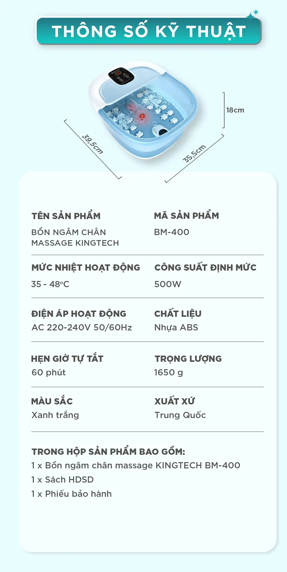 thông số kỹ thuật của bồn ngâm chân KINGTECH BM-400 