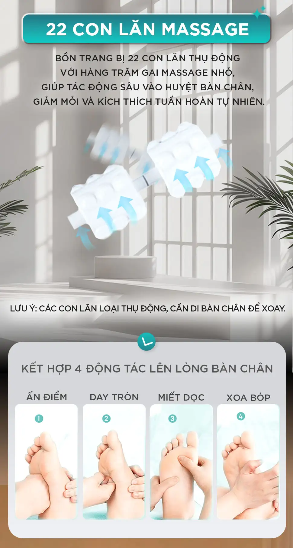 bồn ngâm chân KINGTECH BM-400 có tới 22 con lăn ở vùng bàn chân