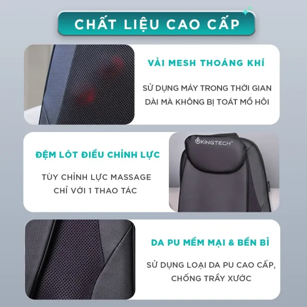 Chất liệu cao cấp của đệm massage KC-500S gồm vải mesh thoáng khí, đệm lót điều chỉnh lực và da PU mềm mại bền bỉ