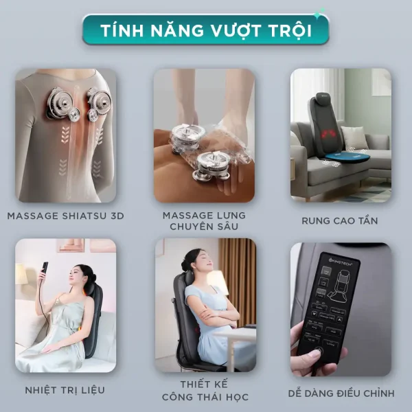 Tính năng vượt trội của đệm massage lưng 3D KINGTECH KC-500S gồm massage Shiatsu 3D, massage lưng chuyên sâu, rung cao tần, nhiệt trị liệu, thiết kế công thái học và điều khiển dễ dàng