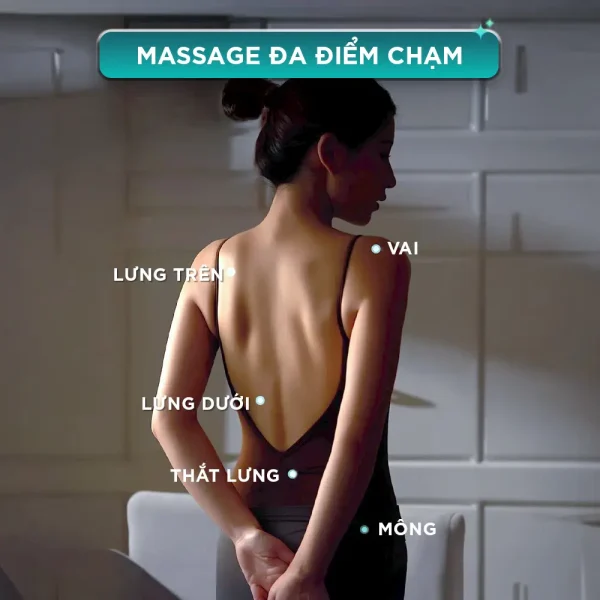 Sơ đồ các điểm massage trên cơ thể như vai, lưng trên, lưng dưới, thắt lưng và mông" alt="Cụm con lăn massage của KC-500S di chuyển dọc theo sống lưng, hỗ trợ massage sâu thay vì chỉ tác động tại điểm cố định