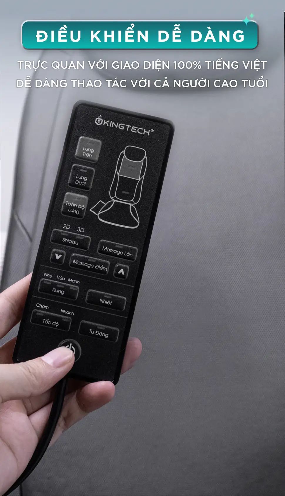 Điều khiển Đệm Massage Lưng KINGTECH KC-500S với giao diện tiếng Việt trực quan, dễ thao tác cho cả người cao tuổi