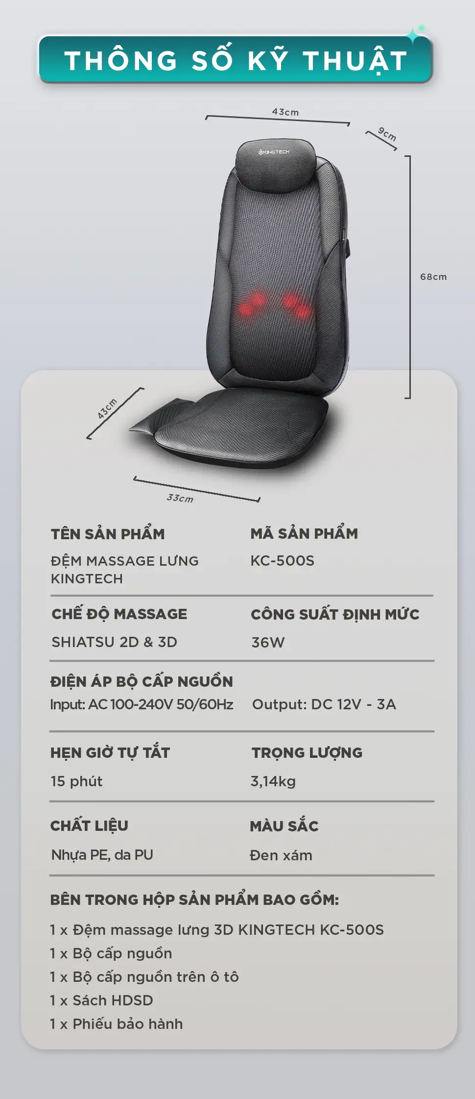 Thông số kỹ thuật Đệm Massage Lưng KINGTECH KC-500S