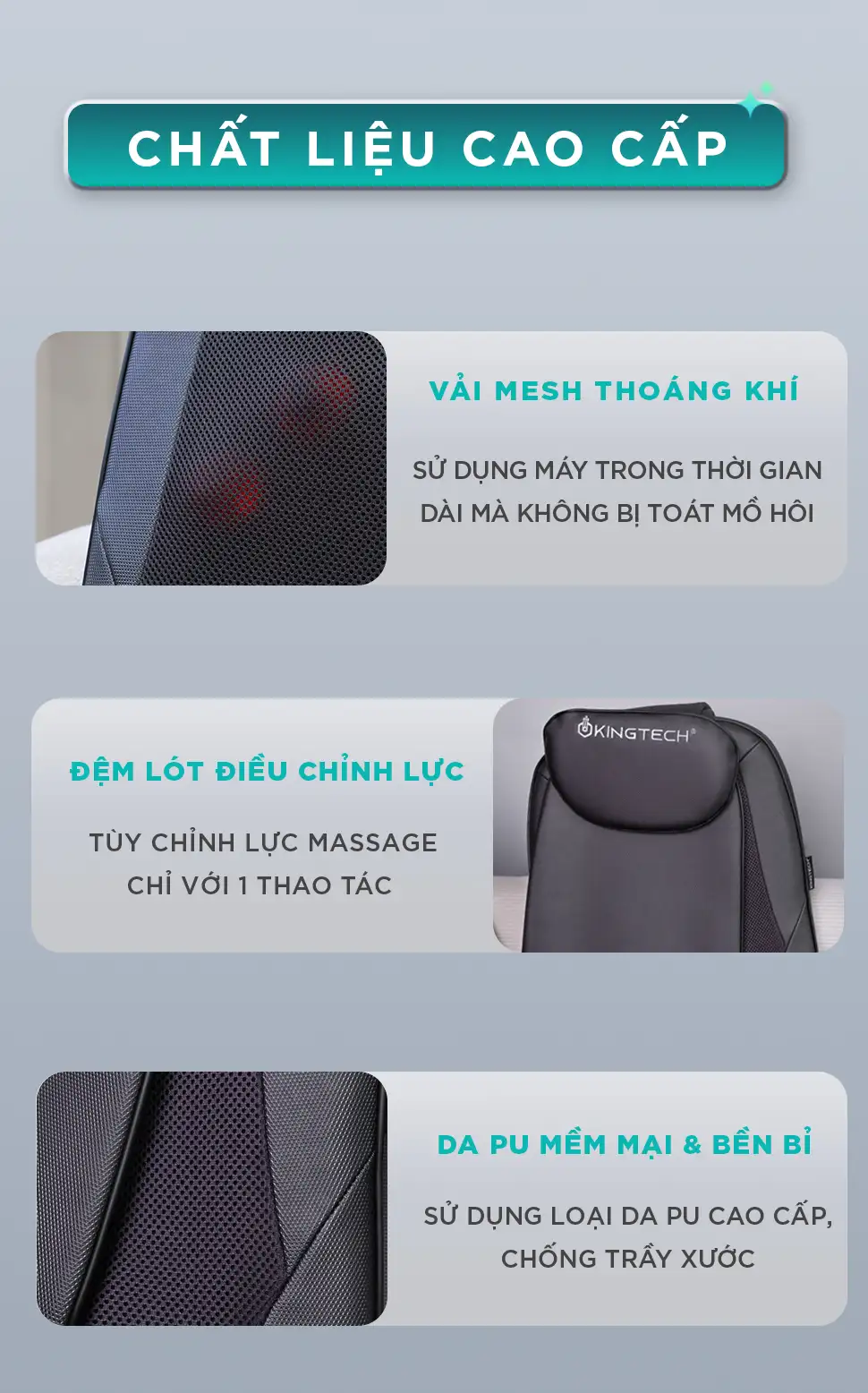 Chất liệu cao cấp của Đệm Massage Lưng KINGTECH KC-500S gồm vải mesh thoáng khí, đệm lót điều chỉnh lực và da PU mềm mại bền bỉ
