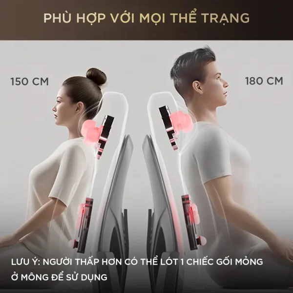 Đệm massage KINGTECH KC-700 phù hợp với nhiều thể trạng, hỗ trợ người cao 150cm đến 180cm sử dụng thoải mái