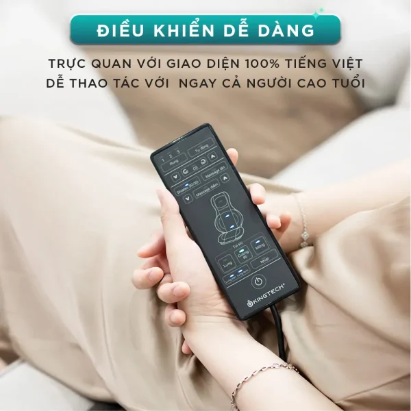 Điều khiển cầm tay của đệm massage KINGTECH KC-700 có giao diện tiếng Việt trực quan, dễ thao tác cho cả người cao tuổi