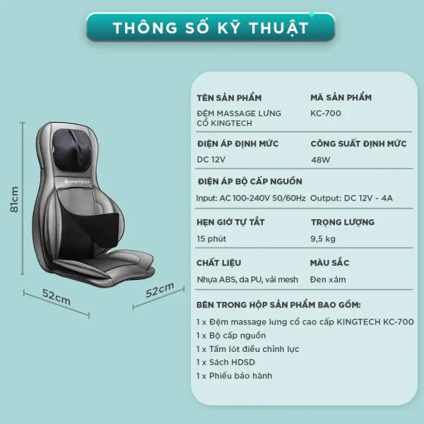 Thông số kỹ thuật đệm massage lưng cổ KINGTECH KC-700