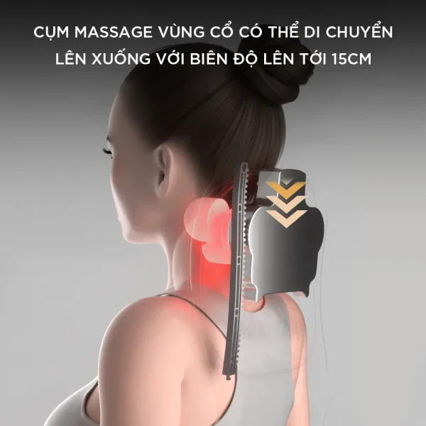 Cụm massage cổ của đệm KINGTECH KC-700 có thể di chuyển lên xuống với biên độ 15cm để phù hợp nhiều vị trí cổ