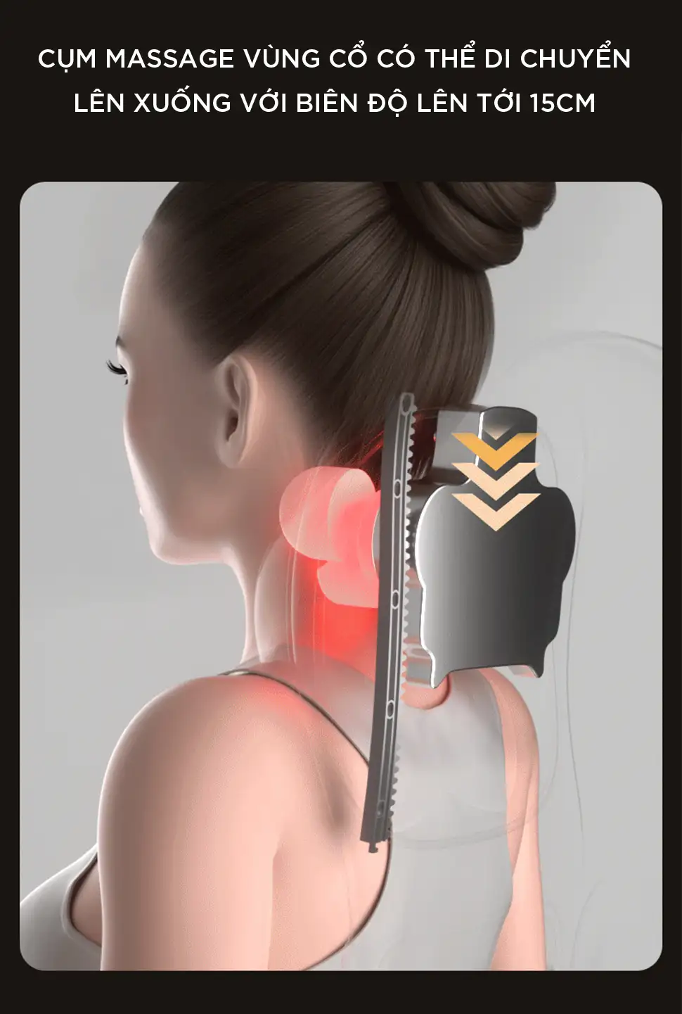 Cụm massage cổ của đệm KINGTECH KC-700 có thể di chuyển lên xuống với biên độ 15cm để phù hợp nhiều vị trí cổ