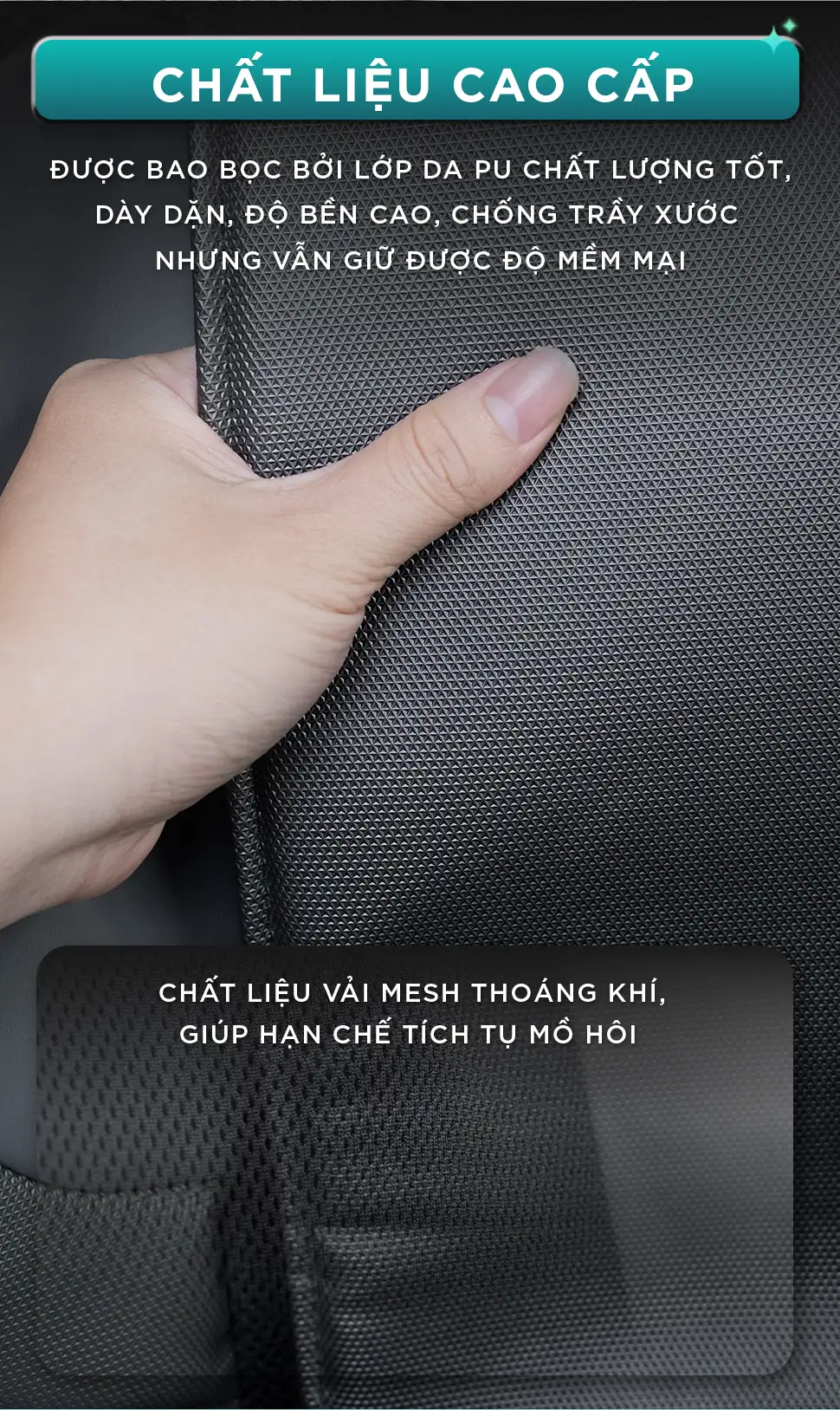 Chất liệu cao cấp của đệm massage KINGTECH KC-700 với lớp da PU bền chắc và vải mesh thoáng khí, mềm mại, hạn chế tích tụ mồ hôi