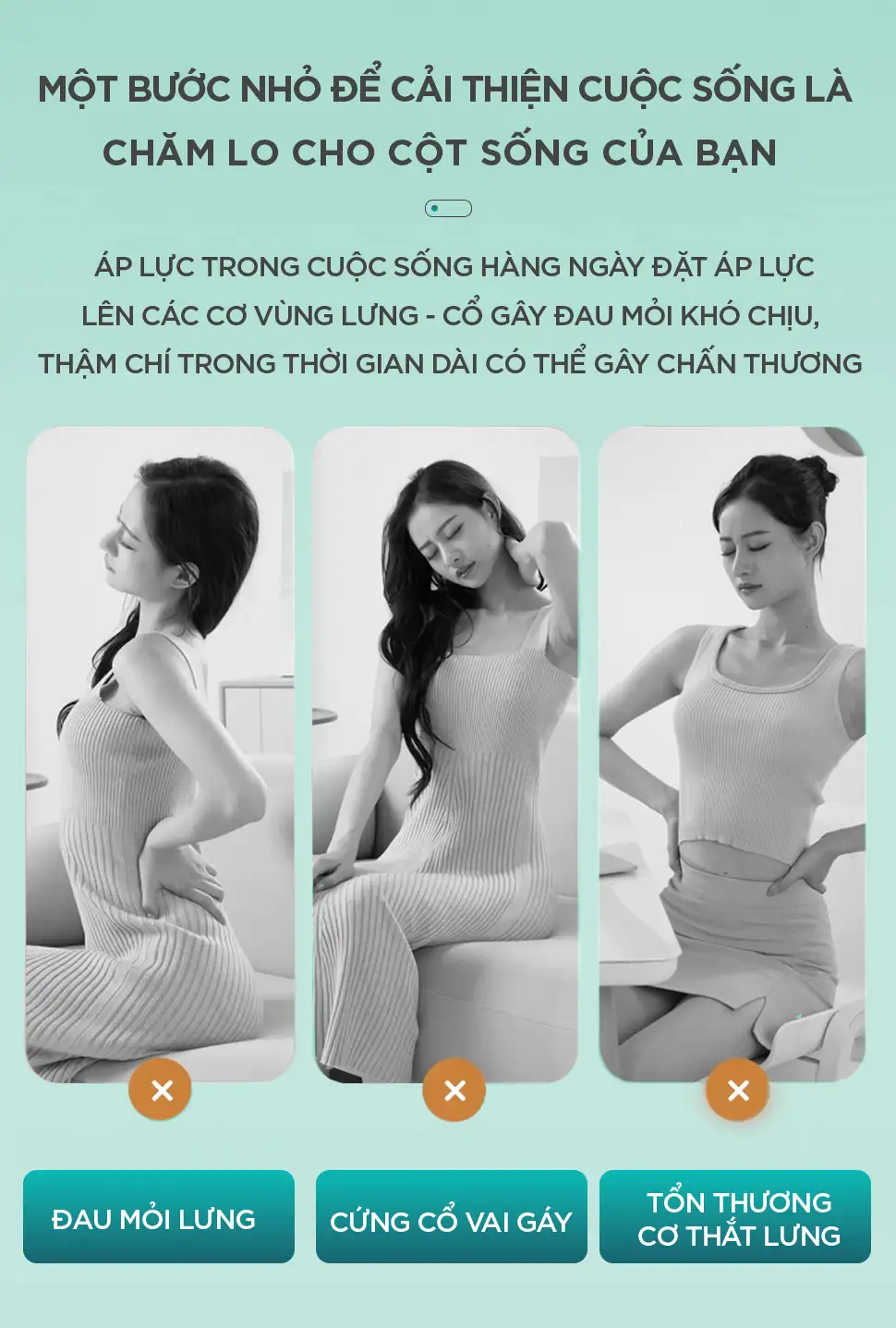 Minh họa các vấn đề đau mỏi lưng, cứng cổ vai gáy và tổn thương cơ thắt lưng do áp lực cuộc sống hằng ngày