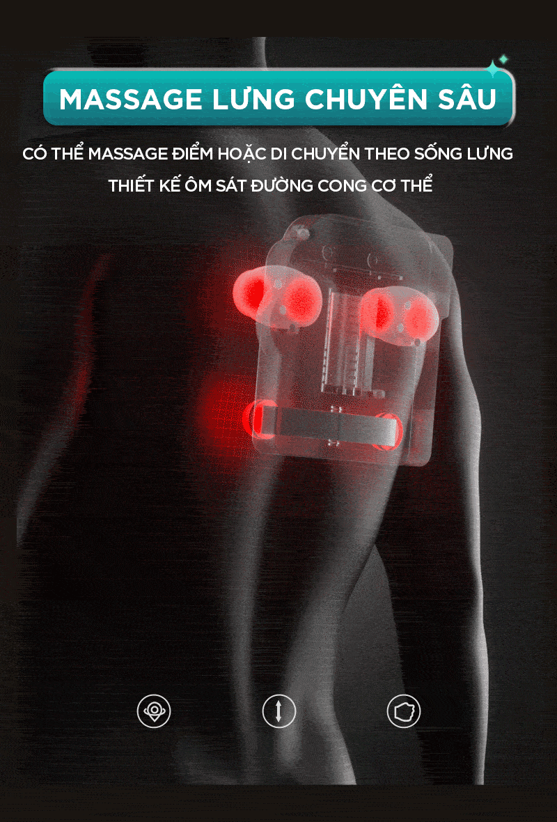 Cơ chế massage lưng chuyên sâu của đệm KINGTECH KC-700 có thể di chuyển theo sống lưng và ôm sát đường cong cơ thể