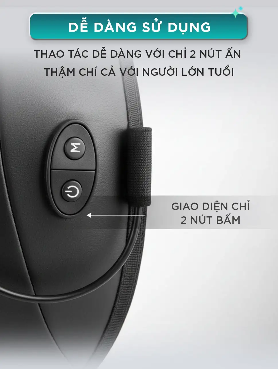 Giao diện điều khiển đệm massage KC-300 dễ sử dụng với 2 nút bấm, phù hợp cả với người lớn tuổi