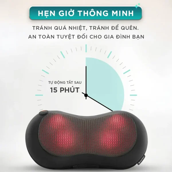 Gối massage hồng ngoại KINGTECH KP-315 có chế độ tự động tắt sau 15 phút, giúp tránh quá nhiệt và an toàn khi sử dụng