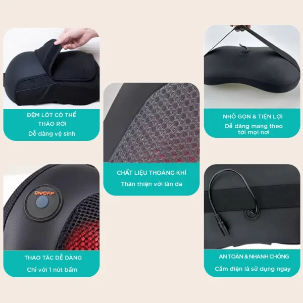 Chi tiết gối massage hồng ngoại KINGTECH KP-315 với đệm lót tháo rời, chất liệu thoáng khí, dây cắm tiện lợi và thao tác một nút bấm