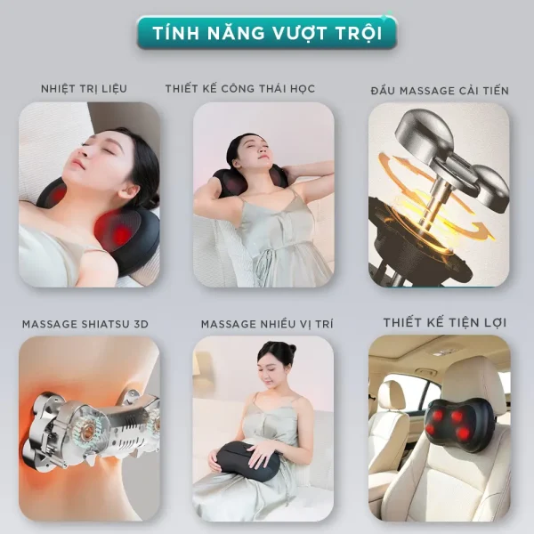 Tính năng nổi bật của gối massage hồng ngoại KINGTECH KP-315 gồm nhiệt trị liệu, công thái học, đầu massage cải tiến, massage Shiatsu 3D và massage nhiều vị trí