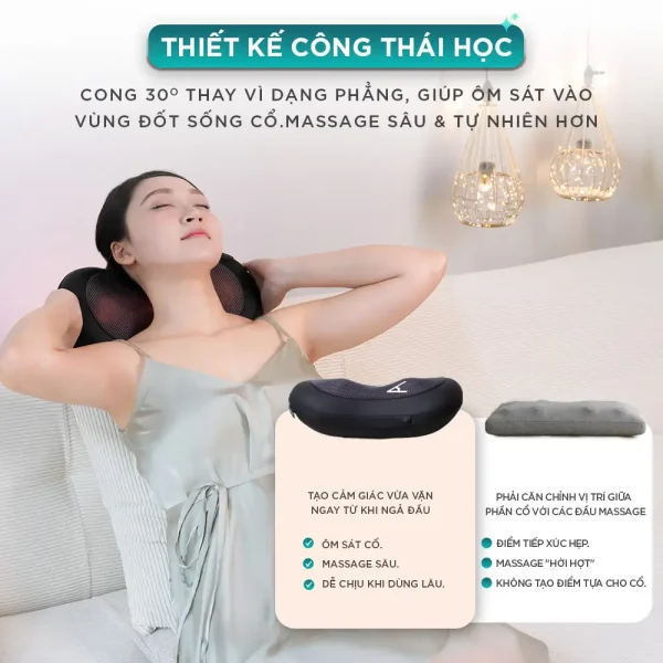 Gối massage hồng ngoại KINGTECH KP-315 thiết kế cong 30 độ ôm sát vùng cổ, giúp massage sâu và thoải mái hơn so với gối massage dạng phẳng
