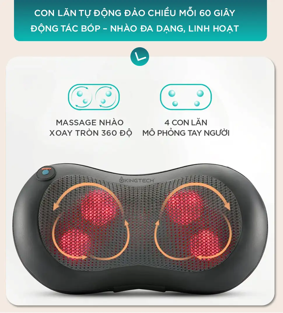 Gối massage hồng ngoại KINGTECH KP-315 có 4 con lăn mô phỏng tay người, massage nhào xoay 360 độ cho vùng cổ vai gáy