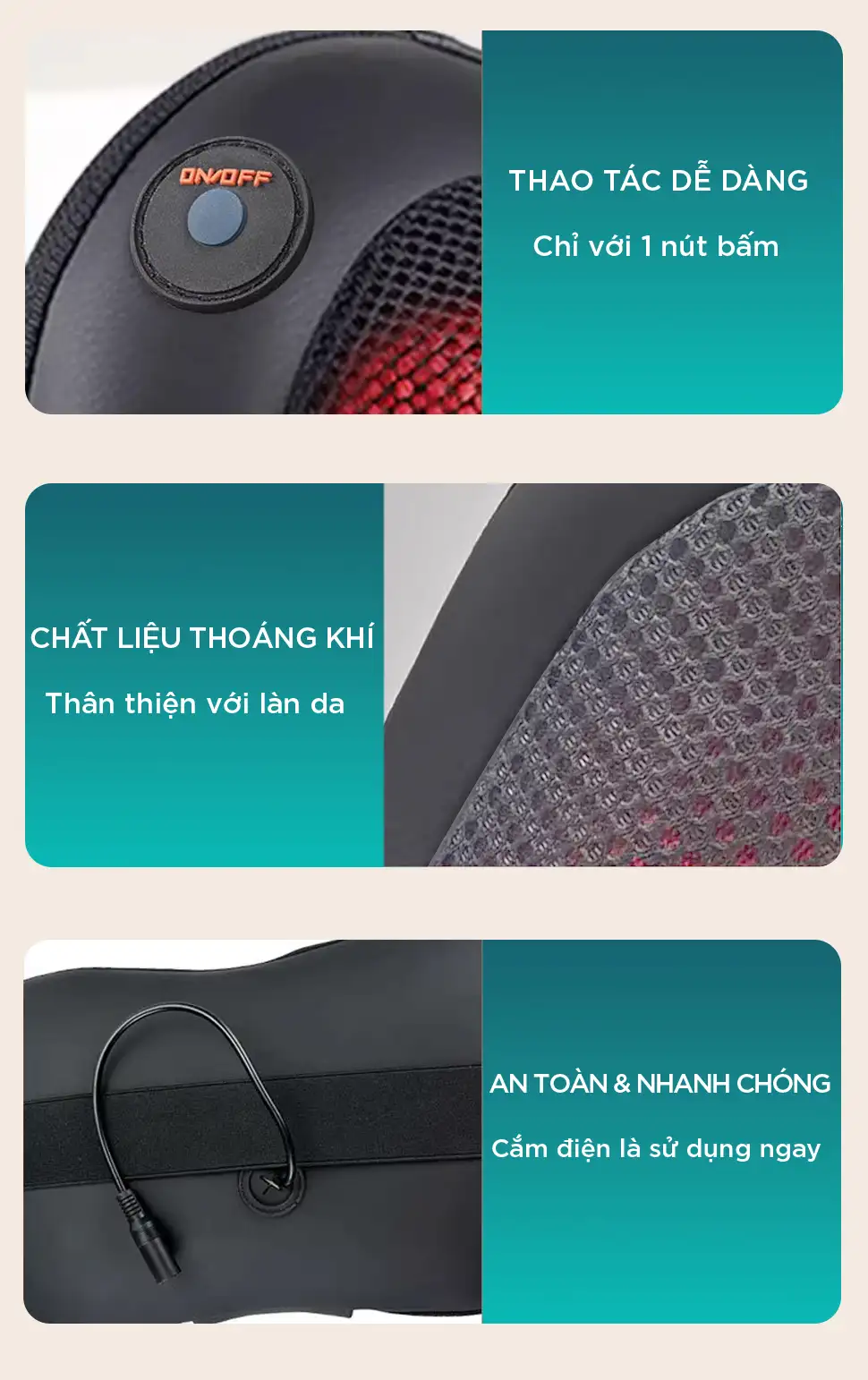 Chi tiết gối massage hồng ngoại KINGTECH KP-315 với đệm lót tháo rời, chất liệu thoáng khí, dây cắm tiện lợi và thao tác một nút bấm