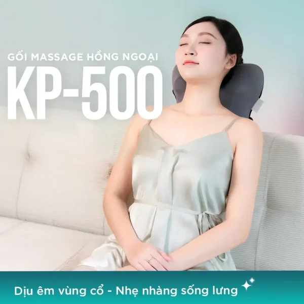 Gối massage hồng ngoại KINGTECH KP-500 giúp dịu êm vùng cổ và nhẹ nhàng nâng đỡ sống lưng