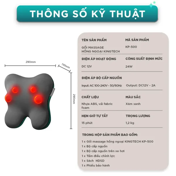 Thông số kỹ thuật gối massage hồng ngoại KINGTECH KP-500
