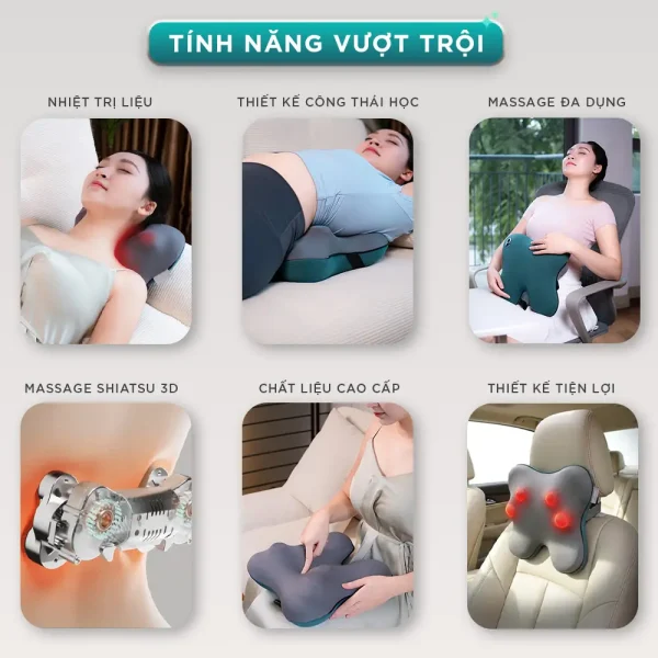 Tính năng nổi bật của gối massage hồng ngoại KINGTECH KP-500 gồm nhiệt trị liệu, thiết kế công thái học, massage đa dụng và massage Shiatsu 3D