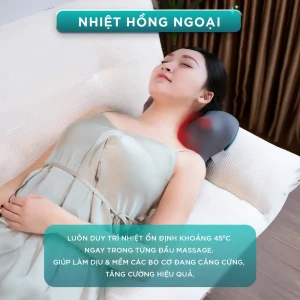 Gối massage hồng ngoại KINGTECH KP-500 duy trì nhiệt ổn định khoảng 45 độ C, hỗ trợ làm dịu cơ căng cứng khi massage