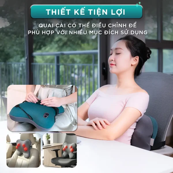 Gối massage KINGTECH KP-500 có quai cài điều chỉnh, phù hợp sử dụng trên ghế văn phòng, ghế ô tô và nhiều loại ghế khác