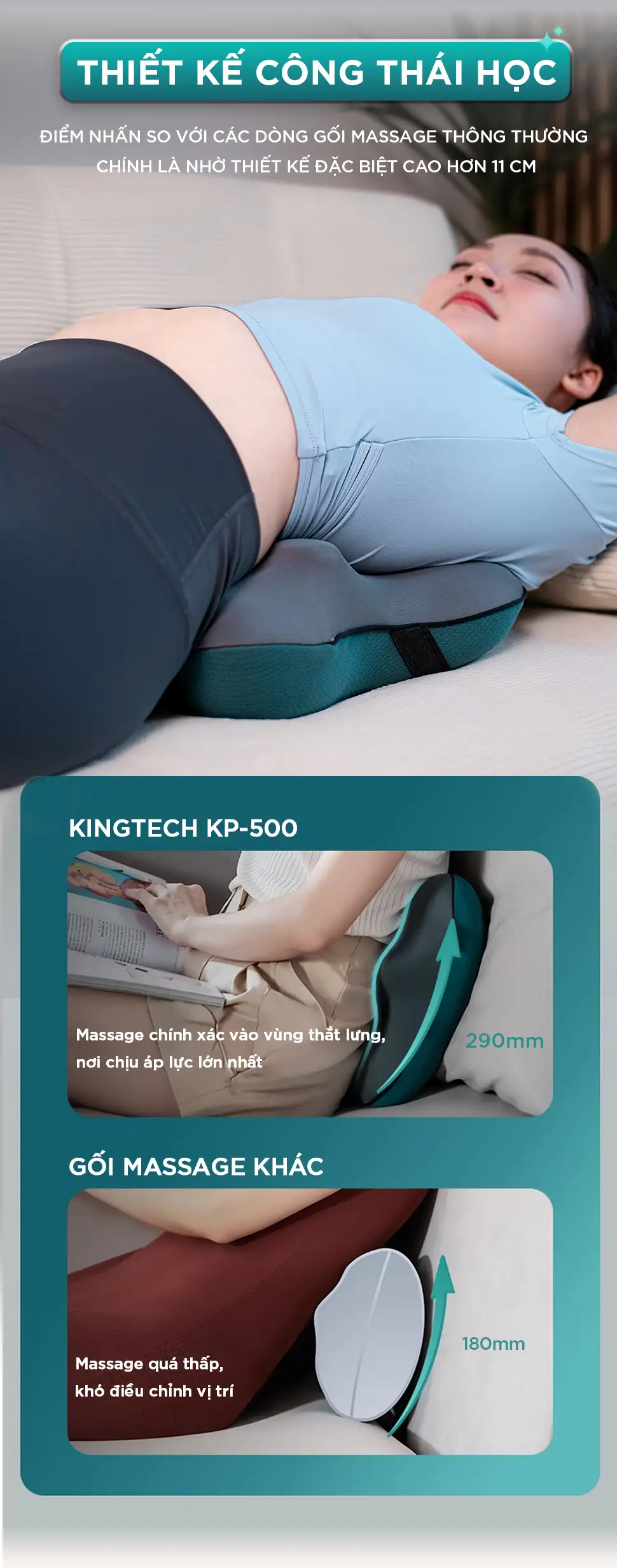 So sánh gối massage KINGTECH KP-500 với thiết kế cao 290mm giúp massage chính xác vùng thắt lưng hơn gối massage thông thường