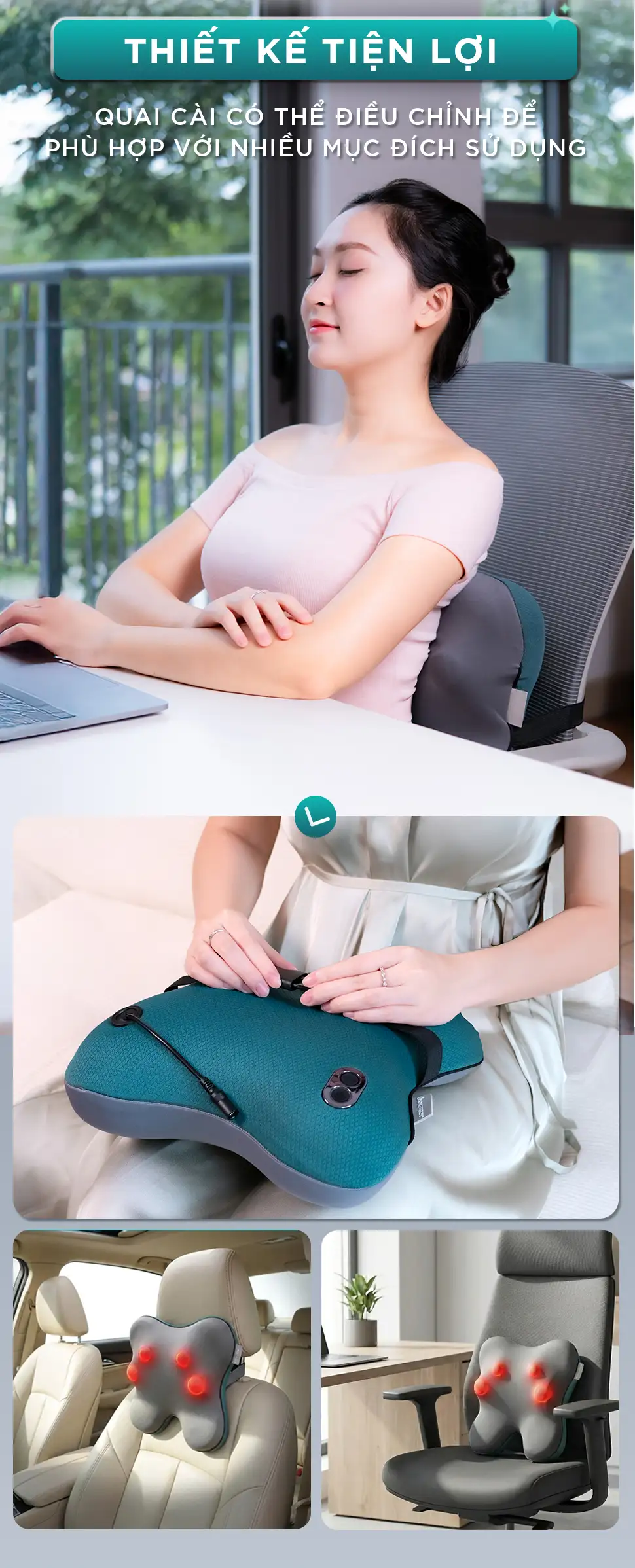Gối massage KINGTECH KP-500 có quai cài điều chỉnh, phù hợp sử dụng trên ghế văn phòng, ghế ô tô và nhiều loại ghế khác