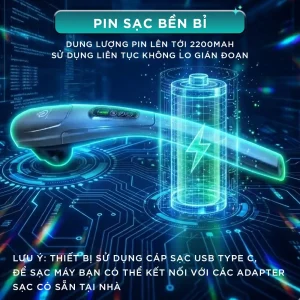 Máy massage cầm tay KINGTECH KT-1768 có pin sạc 2200mAh, hỗ trợ sử dụng liên tục và sạc bằng cáp USB Type C