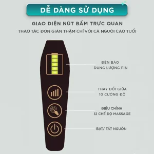 Bảng điều khiển máy massage cầm tay KINGTECH KT-1768 với đèn báo pin, nút đổi cường độ, điều chỉnh chế độ và bật tắt nguồn