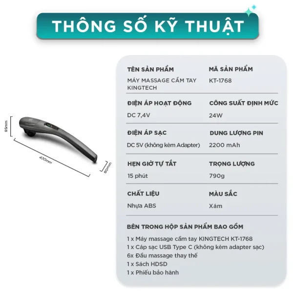 Thông số kỹ thuật máy massage cầm tay KINGTECH KT-1768