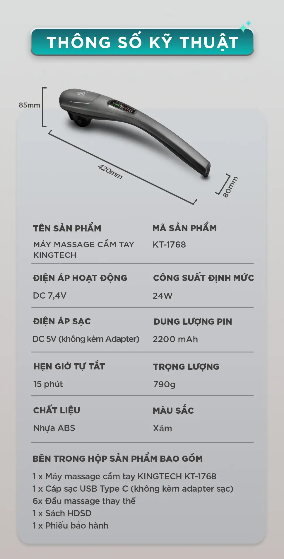 Thông số kỹ thuật máy massage cầm tay KINGTECH KT-1768