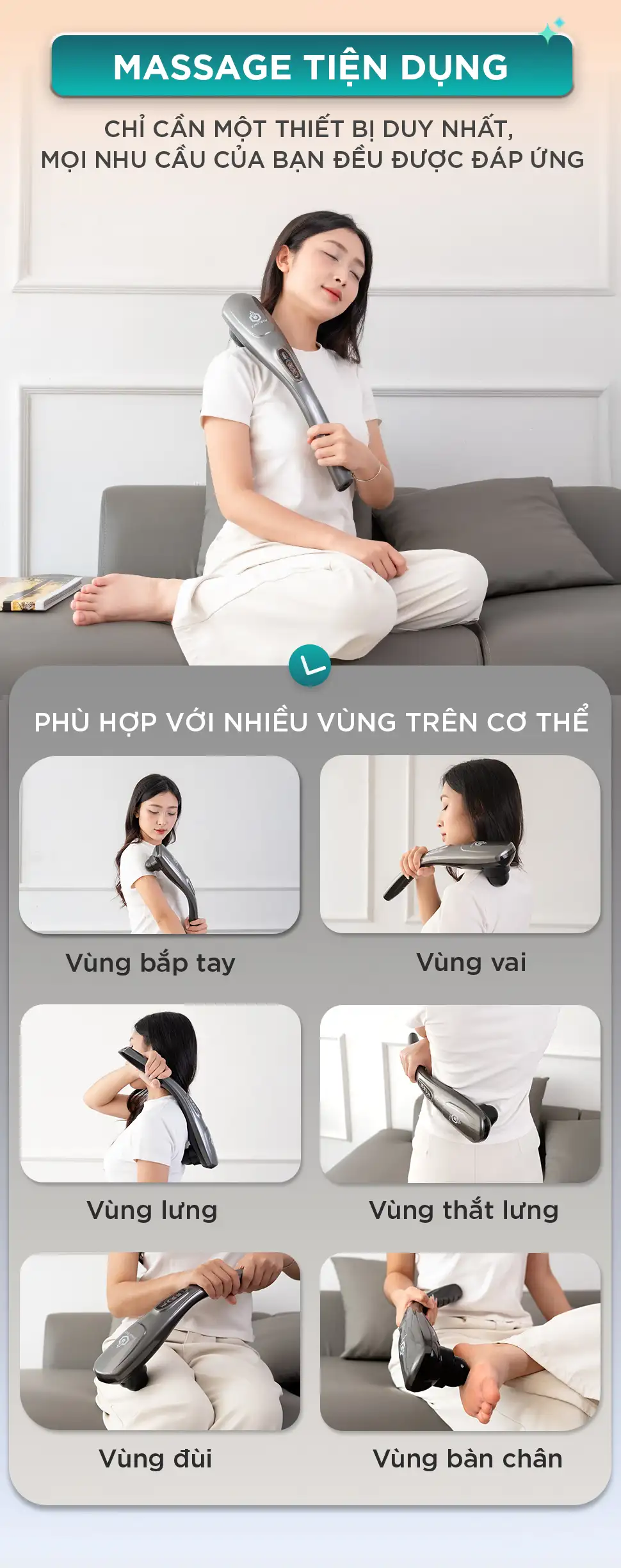 Máy massage cầm tay KINGTECH KT-1768 phù hợp massage nhiều vùng cơ thể như bắp tay, vai, lưng, thắt lưng, đùi và bàn chân