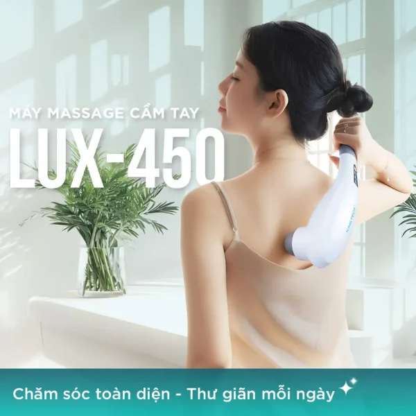 Máy massage cầm tay KINGTECH LUX-450 màu trắng xám, hỗ trợ massage lưng và vai gáy, chăm sóc toàn diện và thư giãn mỗi ngày