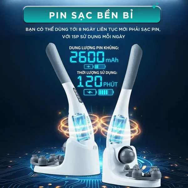 Pin sạc bền bỉ của máy massage cầm tay KINGTECH LUX-450 dung lượng 2600mAh, thời lượng sử dụng đến 120 phút