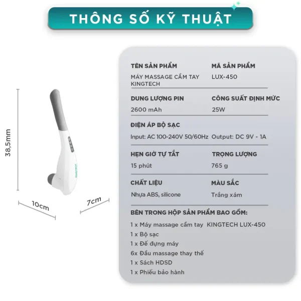 Thông số kỹ thuật của máy massage cầm tay KINGTECH LUX-450