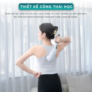 Thiết kế công thái học của máy massage cầm tay KINGTECH LUX-450 với tay cầm dài 38,5 cm, cong 35 độ, giúp massage vùng lưng dễ dàng