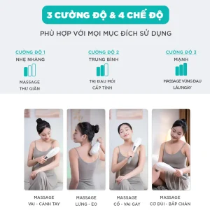 Máy massage cầm tay KINGTECH LUX-450 có 3 cường độ và 4 chế độ massage, phù hợp cho thư giãn, đau mỏi cấp tính và đau lâu ngày