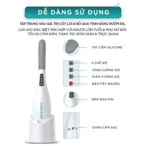 Bảng hướng dẫn sử dụng máy massage cầm tay KINGTECH LUX-450 với tay cầm silicone, 4 chế độ, tăng giảm cường độ, nút nguồn, đèn báo pin và chân cắm sạc