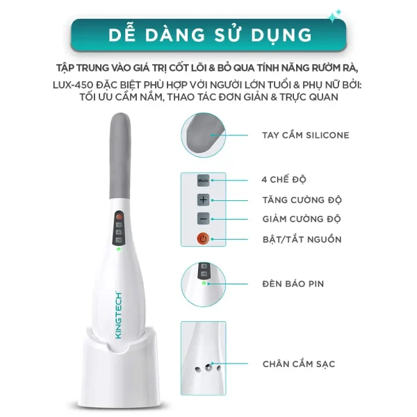 Bảng hướng dẫn sử dụng máy massage cầm tay KINGTECH LUX-450 với tay cầm silicone, 4 chế độ, tăng giảm cường độ, nút nguồn, đèn báo pin và chân cắm sạc