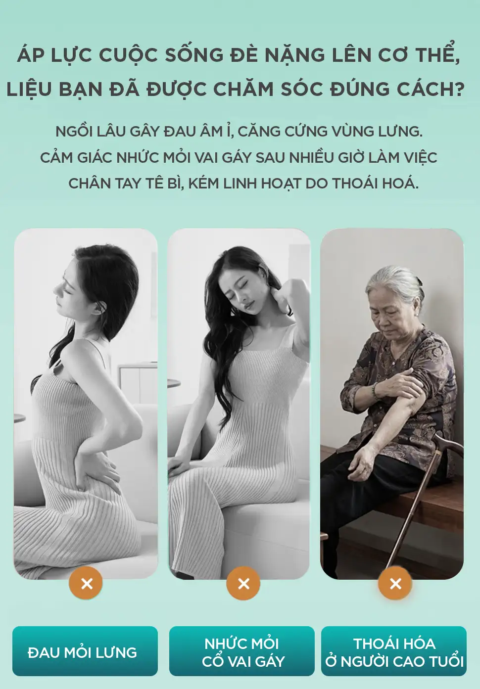 Các dấu hiệu cơ thể cần được chăm sóc như đau lưng, đau vai gáy và tê bì tay chân do ngồi lâu hoặc làm việc nhiều giờ