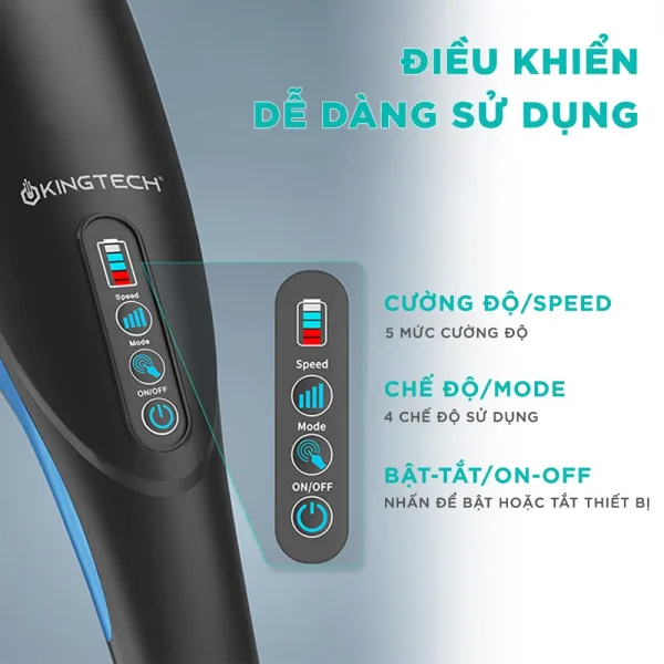 Bảng điều khiển máy massage cầm tay KINGTECH LUX-900 với nút chỉnh tốc độ, chế độ và bật tắt thiết bị