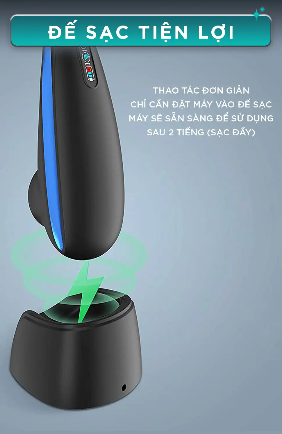 Máy massage cầm tay KINGTECH LUX-900 có đế sạc tiện lợi, chỉ cần đặt máy vào đế để sạc đầy sau khoảng 2 tiếng