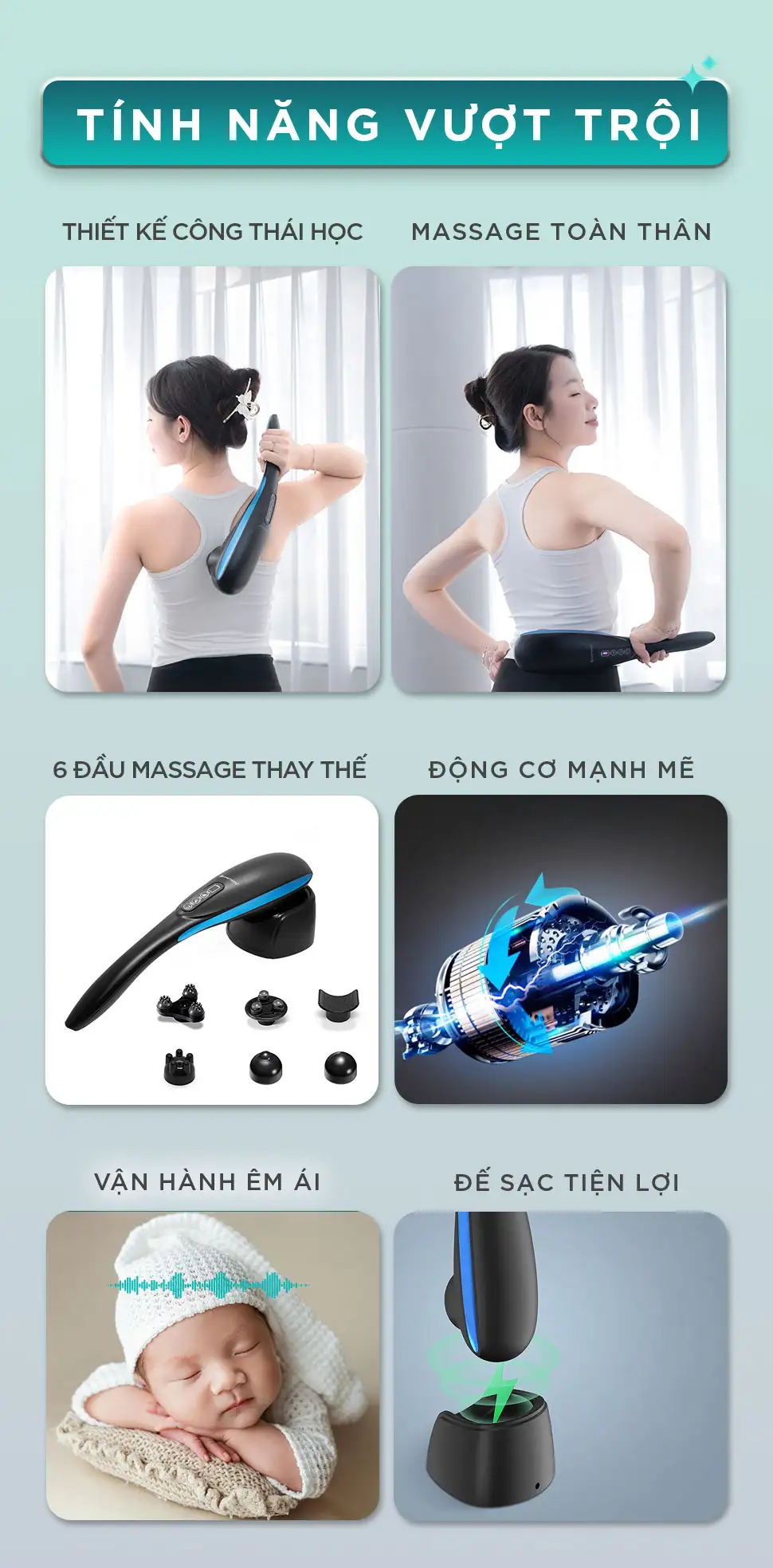 Tính năng vượt trội của máy massage cầm tay KINGTECH LUX-900 gồm thiết kế công thái học, massage toàn thân, 6 đầu thay thế, động cơ mạnh mẽ và sạc tiện lợi