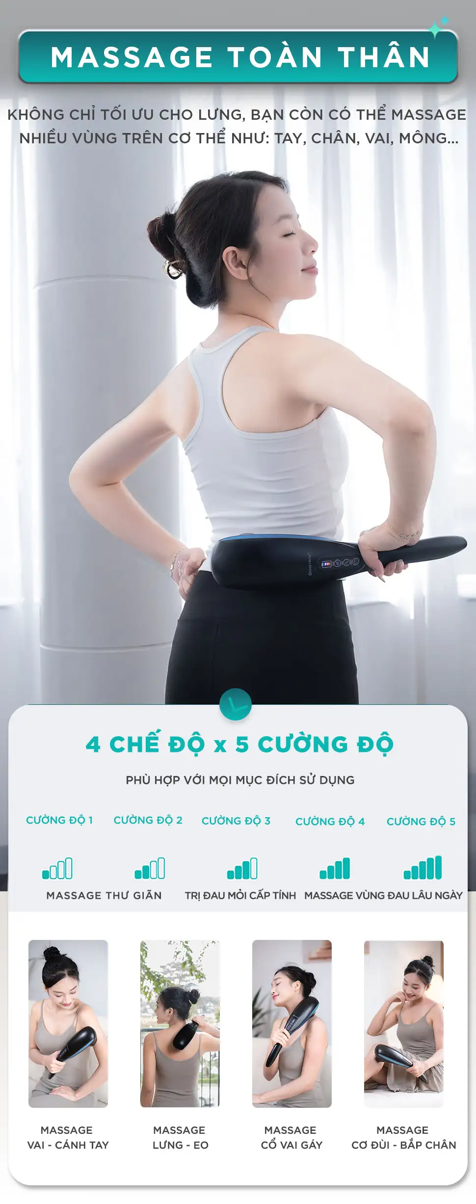 Máy massage cầm tay KINGTECH LUX-900 có 4 chế độ và 5 mức cường độ phù hợp massage thư giãn, trị đau mỏi và massage vùng đau lâu ngày