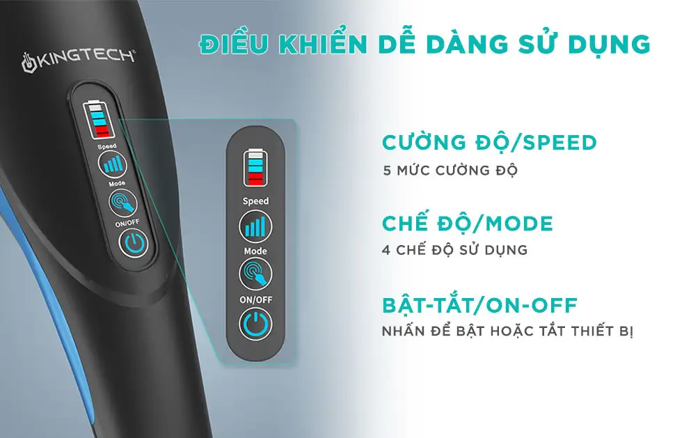 Bảng điều khiển máy massage cầm tay KINGTECH LUX-900 với nút chỉnh tốc độ, chế độ và bật tắt thiết bị